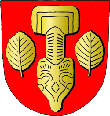 Das Beuchter Wappen: goldene Fibel zwischen zwei Buchenblättern auf Rot